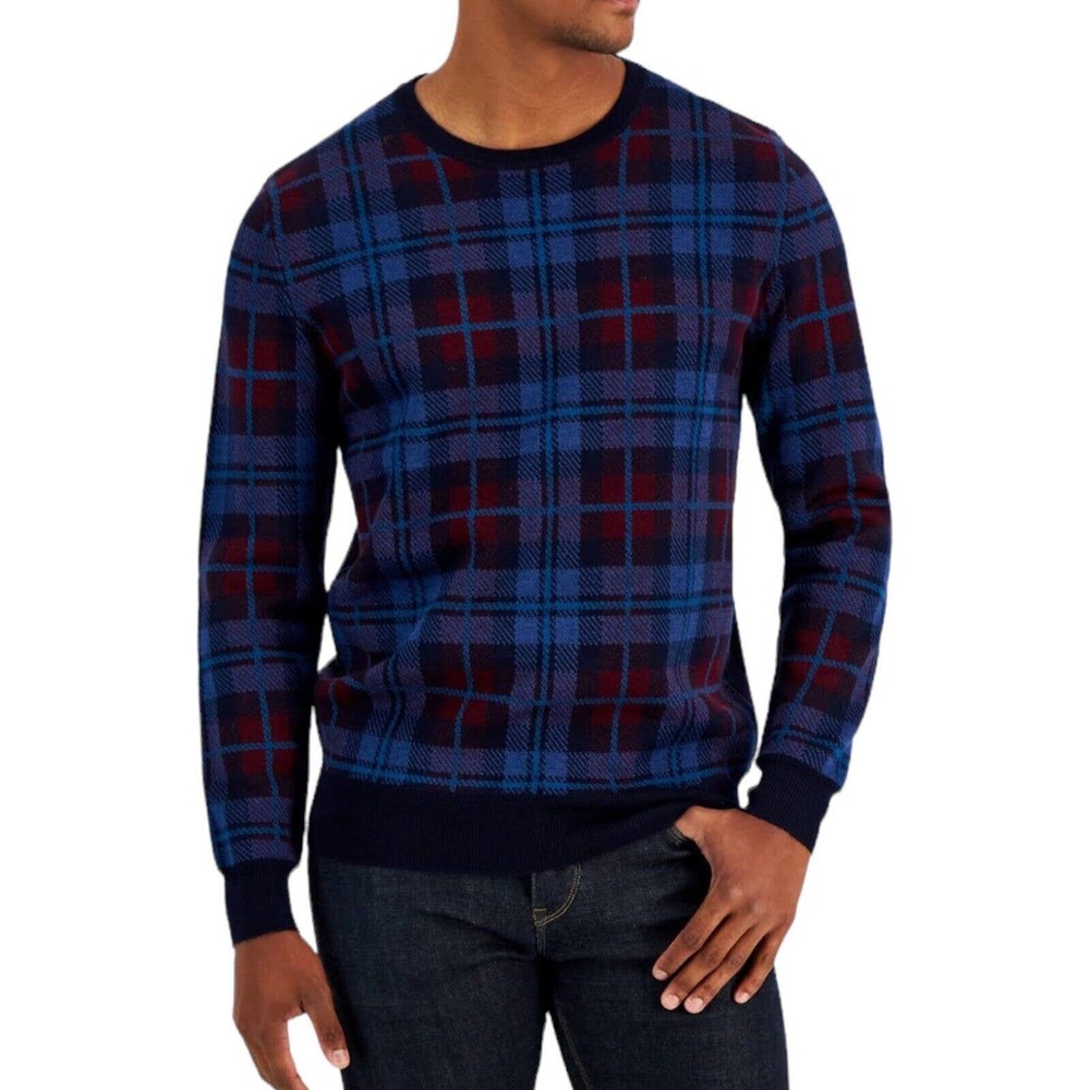 NWT Club Room Blue Plaid Merino Wool Blend Pullover Crewneck Mens Sweater Medium